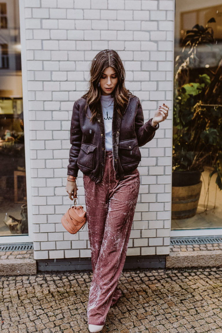 pink velvet pants outfit